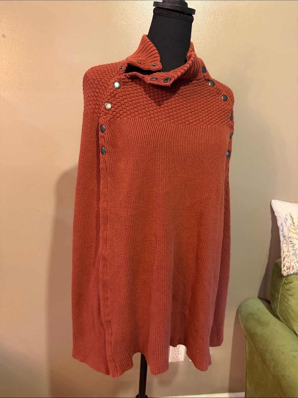 Rust Snap Accent Women's Knit Poncho - bring on the pumpkin patch!